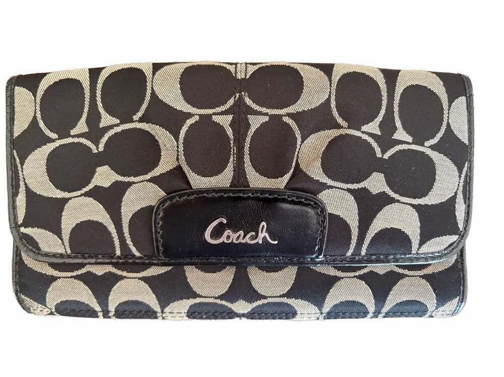 Coach Signature C Logo Trifold Wallet Black and Grey